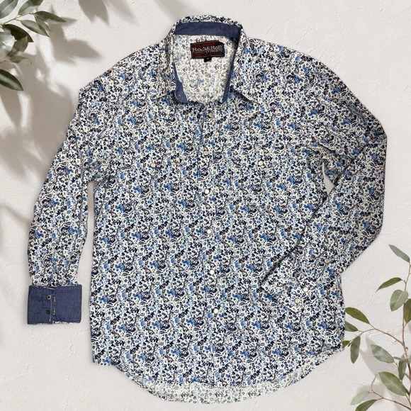 Rock & Roll Cowboy Other - Rock & Roll Cowboy Blue White Floral Pearl Snap Western Shirt Mens Size M